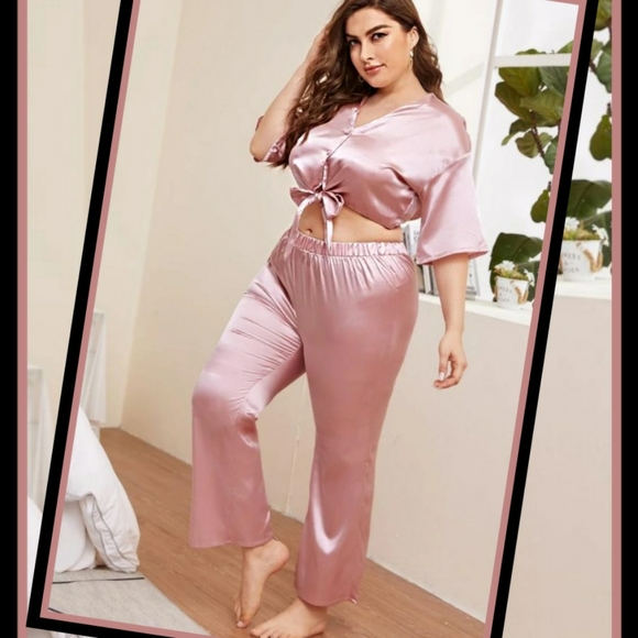 None Other - Plus Satin Tie Front Pajama Set baby Pink Size 3XL